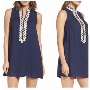 Lilly Pulitzer Jane True Navy Shift Dress Sleeveless Gold Embroidered Womens 14